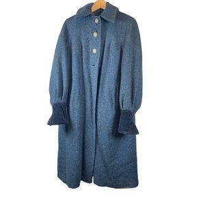 Vintage Wool Button Down Overcoat Velvet Cuff Black and Blue Check Coat Sz. X-XL